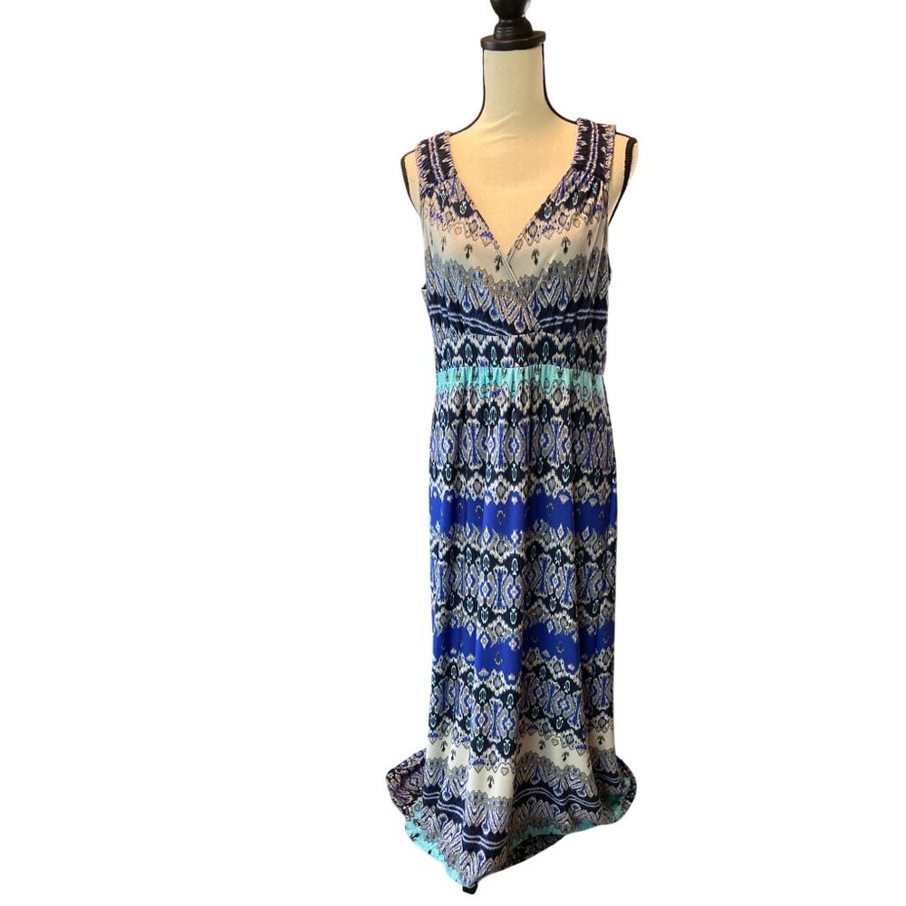 New Directions Womens Y2K Babydoll Sleeveless Maxi Dress XL Blue White Ikat Boho